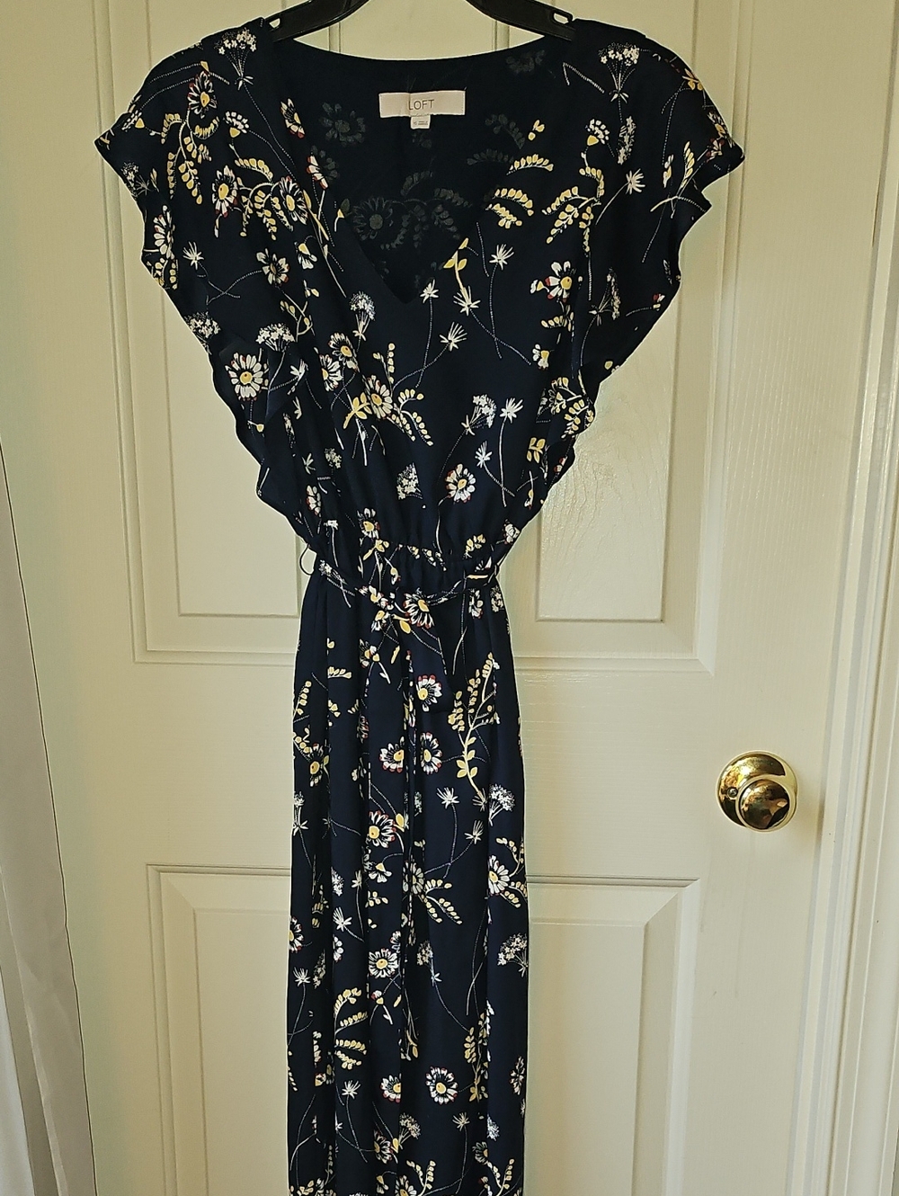 LOFT Navy Floral Wrap Midi with Flutter Sleeves Dress.